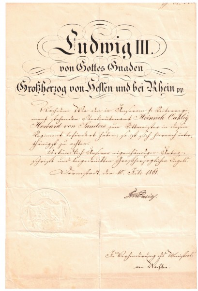 Beförderungsurkunde - Großherzogtum Hessen 1861 mit Autograf OU Ludwig III.