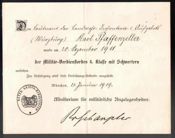Verleihungsurkunde - Militär-Verdienstorden 4.Klasse mit Schwertern Bayern 1919