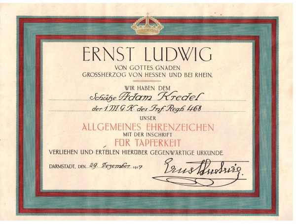 Verleihungsurkunde - Allgemeines Ehrenzeichen Für Tapferkeit Ernst Ludwig Hessen 1917