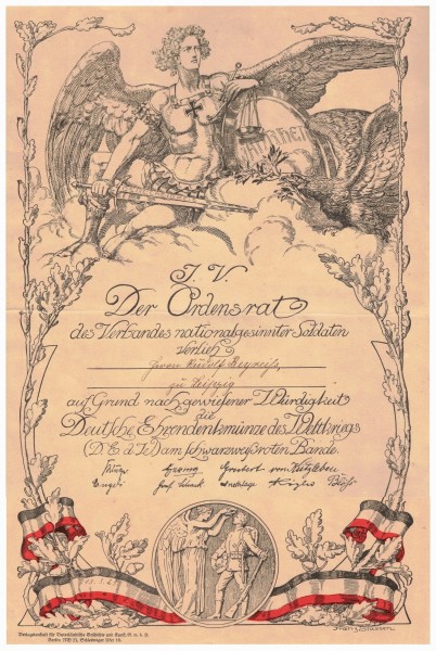 Verleihungsurkunde - Deutsche Ehrendenkmünze des Weltkriegs