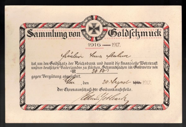 Urkunde - Sammlung von Goldschmuck 1916-1917