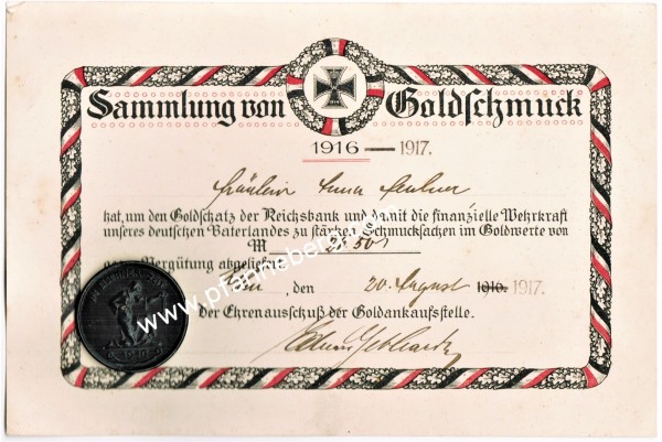 Deutsches Reich Urkunde und Medaille Gold gab ich zur Wehr Eisen nahm ich zur Ehr