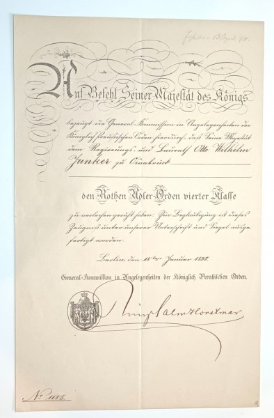 Verleihungsurkunde - Roter Adler Orden 4. Klasse Preussen 1898 und zwei Schreiben