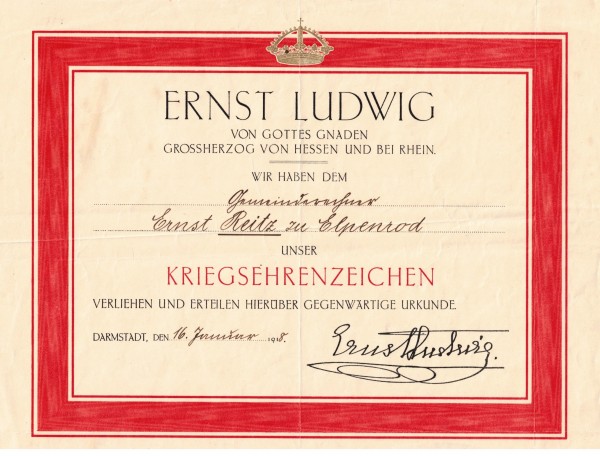 Verleihungsurkunde - Kriegsehrenzeichen Hessen 1918