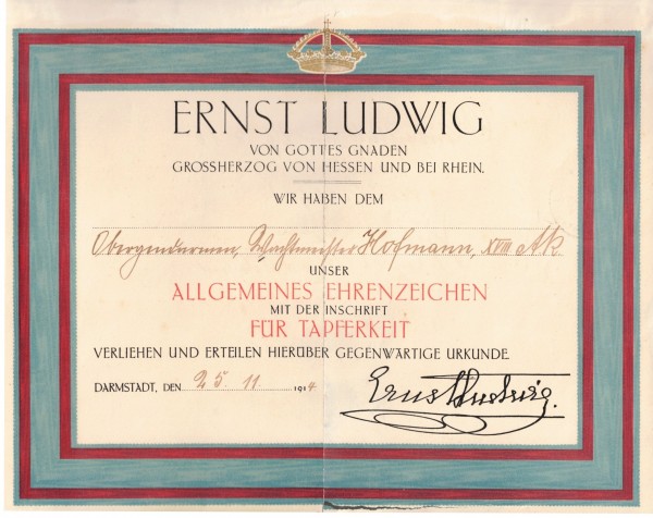 Verleihungsurkunde - Allgemeines Ehrenzeichen Für Tapferkeit Ernst Ludwig Hessen 1914