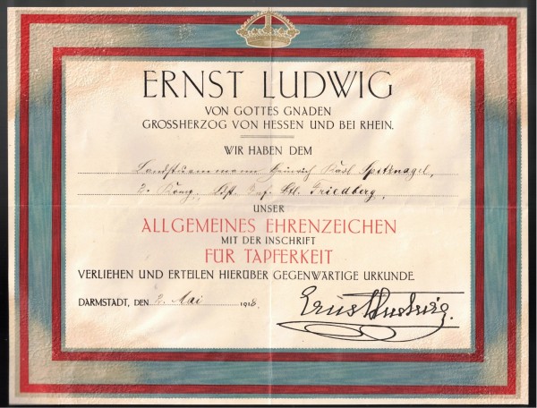 Verleihungsurkunde - Allgemeines Ehrenzeichen Für Tapferkeit Ernst Ludwig Hessen 1917