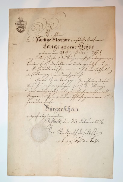 Königreich Sachsen Bürgerschein einer Pauline Lange Jöhstadt 1856