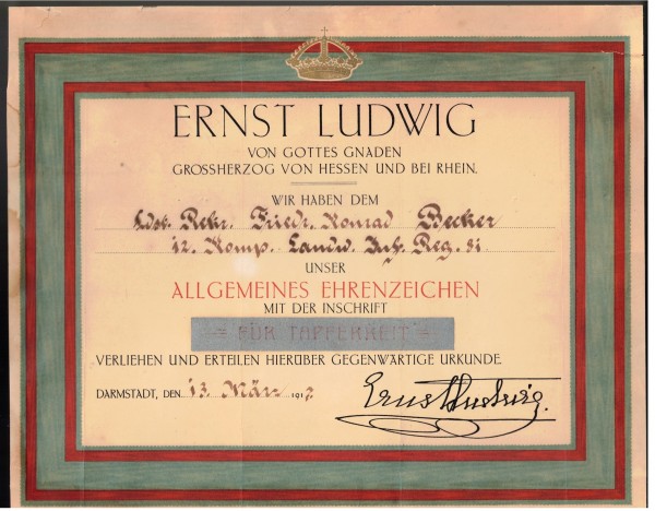 Verleihungsurkunde - Allgemeines Ehrenzeichen Für Tapferkeit Ernst Ludwig Hessen 1917