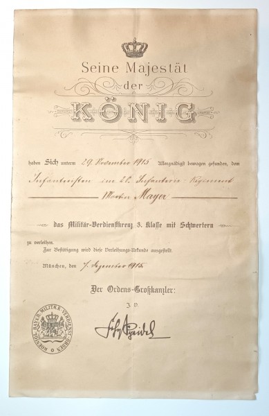 Verleihungsurkunde - Militär-Verdienstkreuz 3.Klasse mit Schwertern Bayern 1915