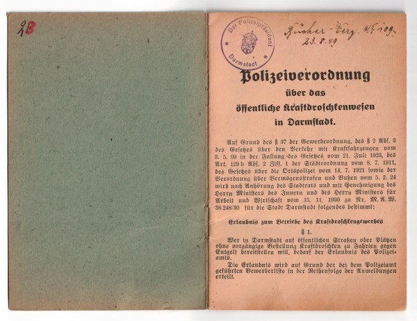 Polizeiverordnung über das öffentliche Kraftdroschkenwesen in Darmstadt 1931