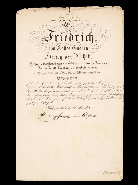 Verleihungsurkunde - Herzogl. Anhaltischer Hausorden Albrecht des Bären